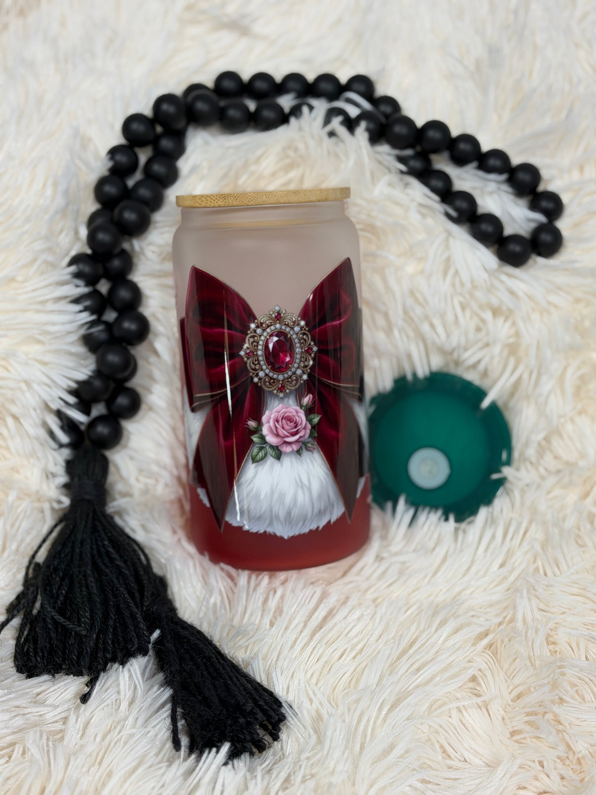 RTS {cMa Creation - Non Snow Globe} 16oz Glass Red Ombre - Velvet Christmas Bow