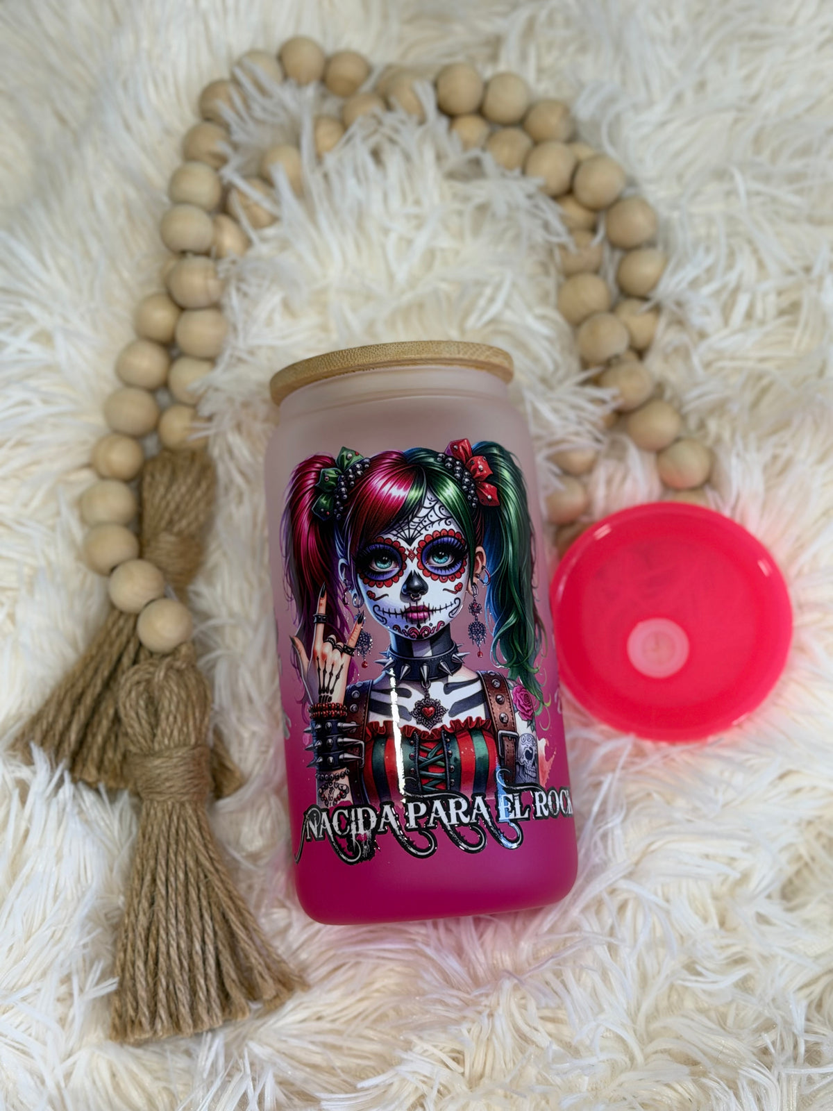 RTS {cMa Creation - Non Snow Globe} 16oz Glass Hot Pink Ombre - Day of the Dead Harley Q